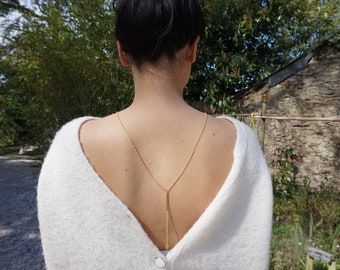 Gold wedding backless necklace, small leaf gold back necklace, wedding back long necklace, ceremony jewelry