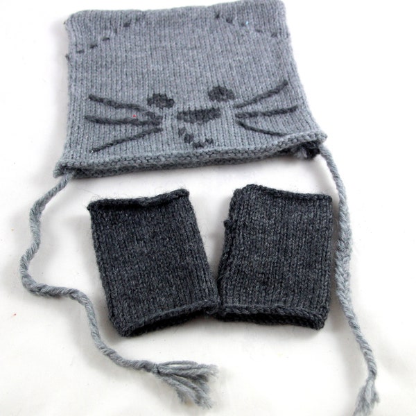 Ensemble bonnet chat et mitaines pour bébé, Bonnet chat, mitaines, bonnet