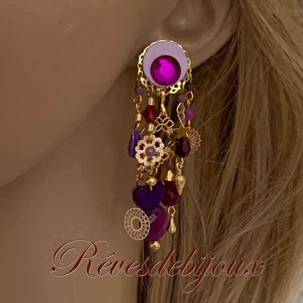 boucles d'oreilles clips  parme et or