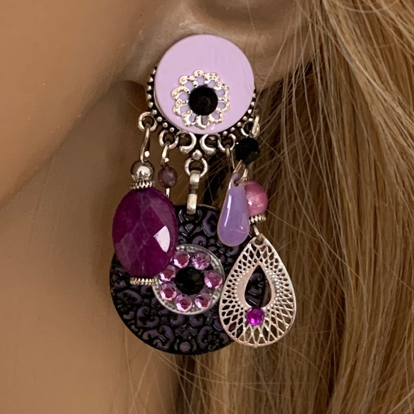 boucles d'oreilles clips parme noir rose