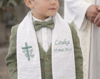 Écharpe de baptême brodée personnalisée coton double gaze croix colombe coeur livraison gratuite