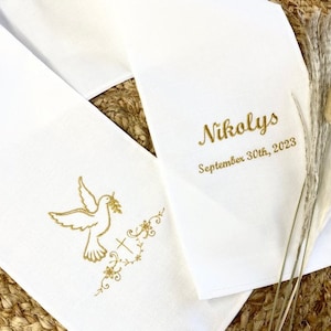Christening scarf, embroidered, personalized, name, date, color, angel, fabric, christening child