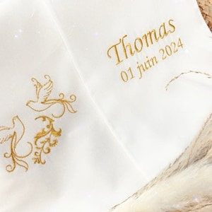 Christening scarf, embroidered, personalized, name, date, color, angel, fabric, christening child