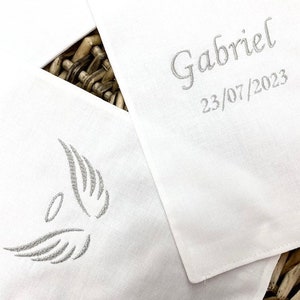 Christening scarf, embroidered, personalized, name, date, color, angel, fabric, christening child