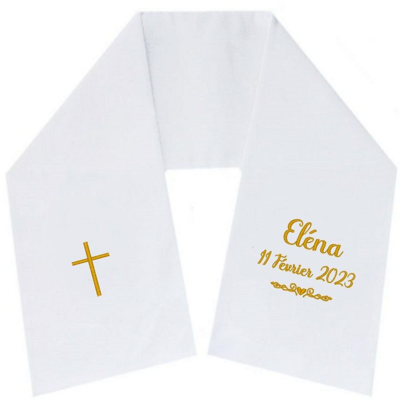 Écharpe de baptême brodée personnalisée coton double gaze satin croix coeur livraison gratuite croix et coeur