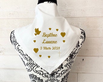 Lange, mouchoir de baptême brodé personnalisé coeurs, croix, colombe,coton, double gaze, satin, livraison gratuite