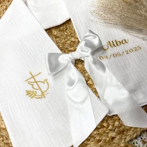 Christening scarf, embroidered, personalized, name, date, color, angel, fabric, christening child