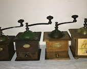 4 Coffee Mill of the French firm Peugeot Freres, various sizes and model decore. Antique Coffee Grinder. Old Coffee Mill