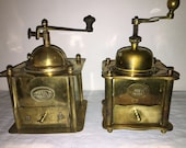 2 Brass Coffee Mill. From Austria, Royal and SLU. Antique Coffee Grinder. Kaffeemühle. Moulin a cafe