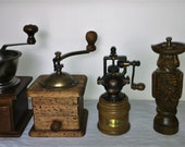 2 Coffee Mill, 2 pepper mill and 1 salt shaker, Italian style. Antique Coffee Grinder. Old Coffee Mill