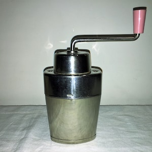 Polish company Rz.S.Z.Z. Mikolow stainless steel coffee grinder, flask model. Antique Coffee Grinder. Old Coffee Mill