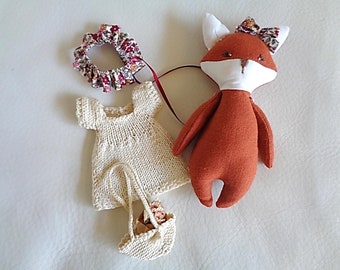 Fabric fox doll, knitted and crocheted dress and bag