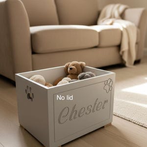 Op de afbeelding: Een rechthoekige witte houten opbergdoos zonder deksel, voorzien van de naam Chester in cursief schrift, een uitgesneden pootafdruk aan de zijkant en een omtrek van een pootafdruk op het voorpaneel. De doos bevat diverse knuffels.