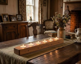 May include: A rectangular wooden candle holder featuring six circular indentations, each containing a lit white tea light candle. The natural wood grain surface is decorated with a delicate, dark, hand-drawn swirling line pattern.