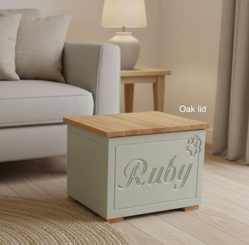 Op de afbeelding: Een rechthoekige opbergdoos met een lichtgroene behuizing en een deksel van eikenhout. Het voorpaneel is voorzien van de naam Ruby in cursief schrift, vergezeld van een klein pootafdruk-icoon. De tekst Oak lid is rechtsboven zichtbaar.