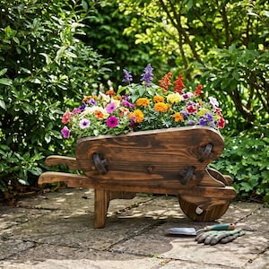 Wooden Wheelbarrow Planter, Garden Ornament, Decking Decor