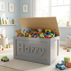 May include: A rectangular gray toy chest with a light wood-toned lid, featuring the name Harry in large raised letters on the front. The chest is filled with a variety of colorful plastic building blocks, toy cars, and plush teddy bear toys.