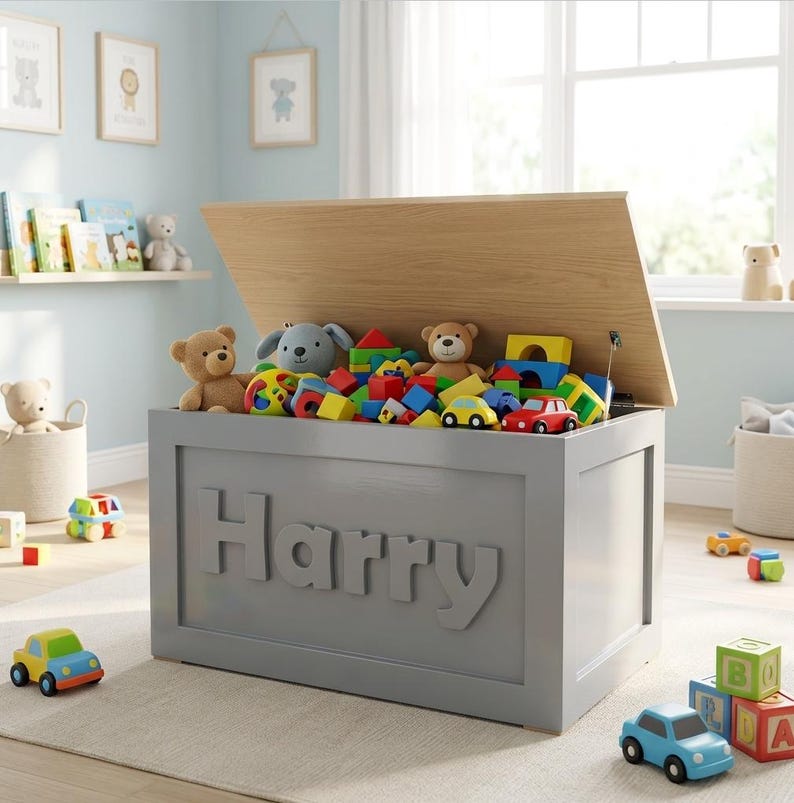 May include: A rectangular gray toy chest with a light wood-toned lid, featuring the name Harry in large raised letters on the front. The chest is filled with a variety of colorful plastic building blocks, toy cars, and plush teddy bear toys.