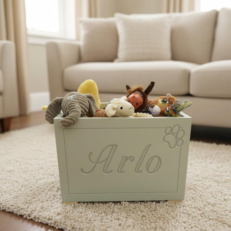 Op de afbeelding: Een licht saliegroene houten speelgoedkist met de naam Arlo in cursief schrift gegraveerd op het voorpaneel, vergezeld van een pootafdruk-icoon. De kist is gevuld met diverse pluche knuffeldieren, waaronder een olifant en een schaap.