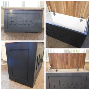 May include: A rectangular storage chest with a dark gray exterior and a natural wood grain lid. The front panel features the name Harry in raised lettering. The interior is white, and the lid is attached with metal hinges and a gas strut.