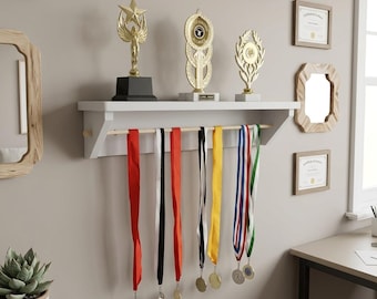 Estante para trofeos y medallistas personalizado - Expositor de pared personalizado con estante para medallas y premios - Deportes, danza, gimnasia