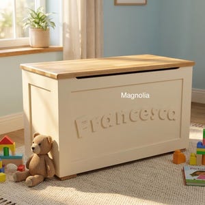 May include: A rectangular cream-colored wooden toy chest with a natural wood-toned top lid. The front panel features the name Francesca in raised lettering and the word Magnolia printed above it. The chest is surrounded by colorful building blocks.