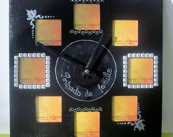 Horloge en bois avec cadres photos noire et argent