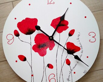 Horloge en bois moderne coquelicots rouge et blanche