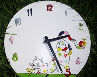 Horloge chat moderne en bois peinte à la main Chat