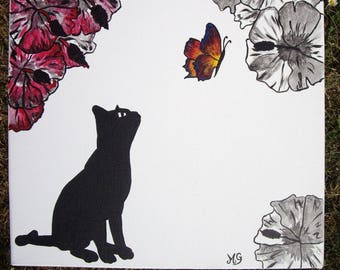 Wanddekoration aus Acryl mit der Katze und dem Schmetterling