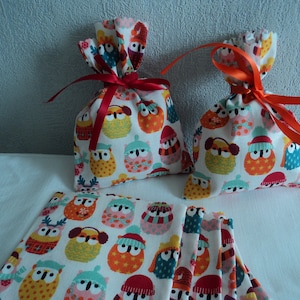 8 Pochons en coton hiboux aux tons orangés pour enfant - Petits sacs en coton emballages cadeau