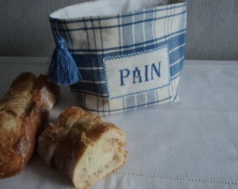 Petite corbeille à pain en toile de coton à carreaux bleu-clair - Petite panière en tissu métis et toile de coton