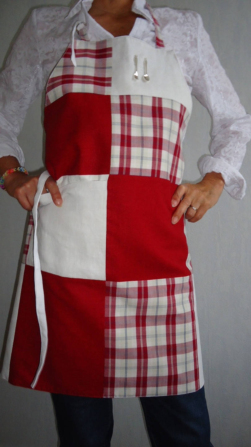 Tablier de Patchwork Écossais Lin Grenat - Lin Bordeaux et Petites Breloques Ecossais Rouge Cuillère