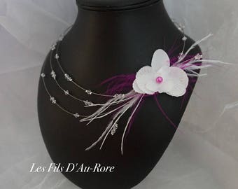 Collier mariage MERILLE en strass , orchidée & plumes blanc et fuchsia