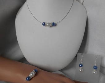 Parure 3 pièces "AZUR" avec perles nacrée / bleu roi