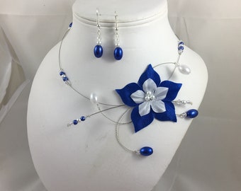 JULIA adornment necklace and earrings in King Blue and white