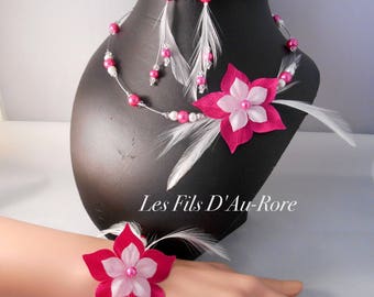 Parure mariage 3 pièces Collier, bracelet & boucles fuchsia & blanc