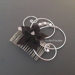 Parure mariage HERMIONE 4 pièces collier, bracelet, BO & peigne à cheveux en argenté & noir image 4