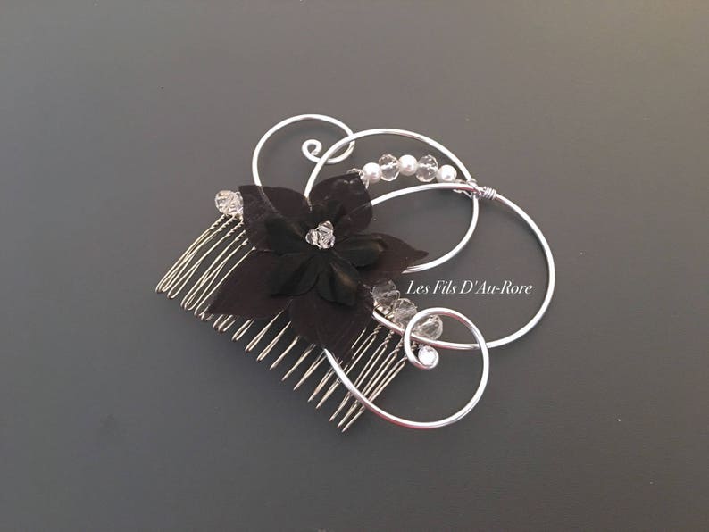 HERMIONE wedding adornment 4 pieces necklace, bracelet, BO & hair comb in silver & black image 4