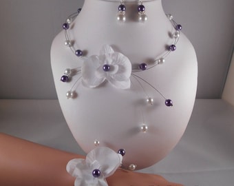 Parure mariage PAULINE 3 pièces collier, bracelet & boucles violet & blanc