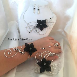 HERMIONE wedding adornment 4 pieces necklace, bracelet, BO & hair comb in silver & black image 1