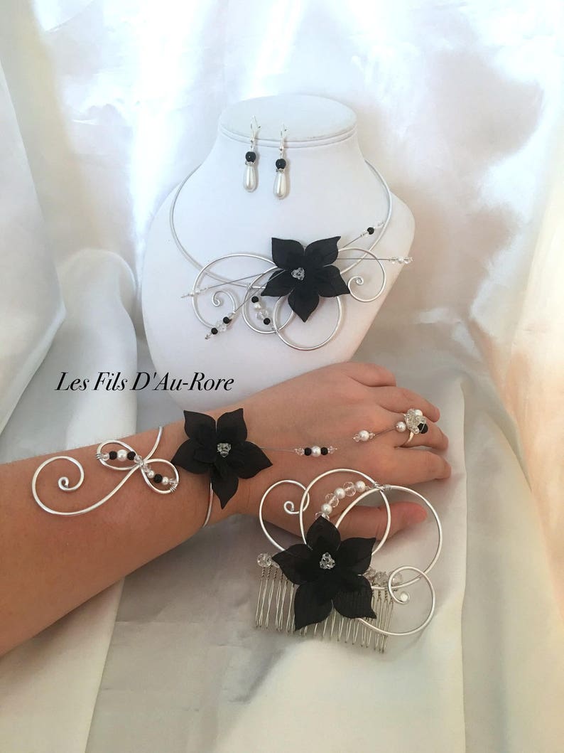 Parure mariage HERMIONE 4 pièces collier, bracelet, BO & peigne à cheveux en argenté & noir image 1