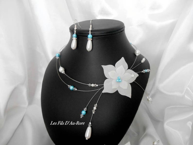 Parure mariage ORLANE 4 pièces avec collier, bracelet , BO et peigne en turquoise & blanc image 4