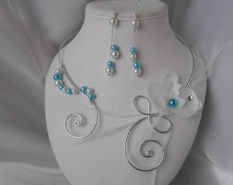 Parure Mariage 2 pièces "NUAGE" collier et boucles d'oreille blanc & turquoise