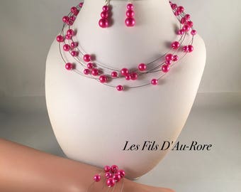 Parure mariage 3 pièces TUNISE collier, boucles et bracelet en fuchsia