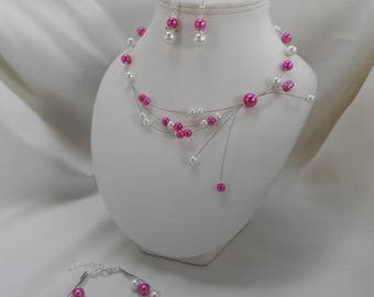 Parure mariage LOUISE 3 pièces collier, bracelet & Boucles en fuchsia & blanc