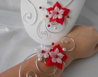 Parure mariage 2 pièces "JEANNE" collier et bracelet, rouge & blanc