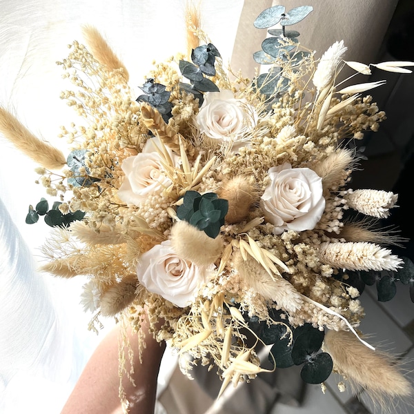 Bouquet de mariée fleurs séchées et stabilisé champêtre CATHERINE