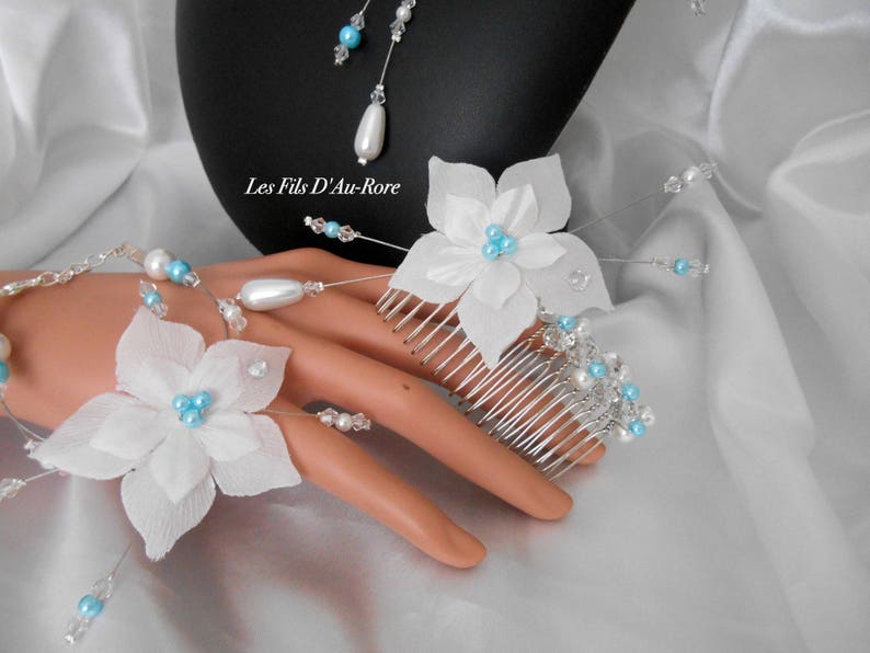 Parure mariage ORLANE 4 pièces avec collier, bracelet , BO et peigne en turquoise & blanc image 3