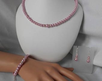 Parure Mariage "CHLOE " 3 pièces, collier, bracelet & BO en perles nacrée rose poudré